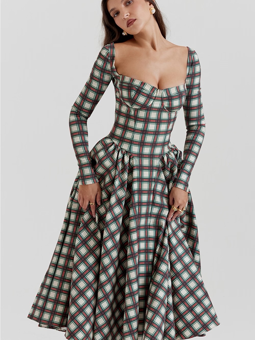 House of CB Green, red and White Plaid Long Sleeve Fit-and-Flare Dress